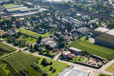 Building and production halls on the premises of Muffenrohr GmbH in Ottersweier in the state Baden-Wurttemberg seen from above