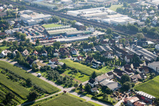 Building and production halls on the premises of Muffenrohr GmbH in Ottersweier in the state Baden-Wurttemberg from the plane