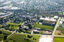Bird's eye view of Building and production halls on the premises of Muffenrohr GmbH in Ottersweier in the state Baden-Wurttemberg