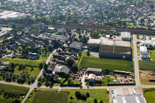 Building and production halls on the premises of Muffenrohr GmbH in Ottersweier in the state Baden-Wurttemberg viewn from the air