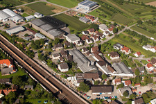 Building and production halls on the premises of Muffenrohr GmbH in Ottersweier in the state Baden-Wurttemberg from above