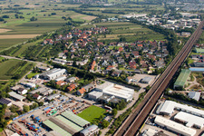 Building and production halls on the premises of Muffenrohr GmbH in Ottersweier in the state Baden-Wurttemberg from a drone