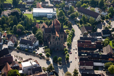Aerial view of Church building Katholische Pfarrkirche St. Johannes in Ottersweier in the state Baden-Wurttemberg, Germany