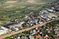 Building and production halls on the premises of Muffenrohr GmbH in Ottersweier in the state Baden-Wurttemberg from above