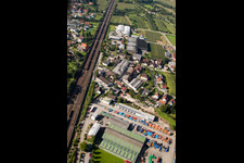 Drone recording of Building and production halls on the premises of Muffenrohr GmbH in Ottersweier in the state Baden-Wurttemberg