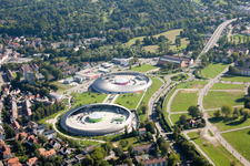 Building of the shopping center Shopping Cite in Baden-Baden in the state Baden-Wurttemberg from the plane