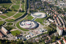 Building of the shopping center Shopping Cite in Baden-Baden in the state Baden-Wurttemberg from the drone perspective