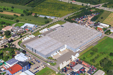 Aerial view of Heinkelstraße industrial estate with Rhenus Logistics and Prologis Germany in Muggensturm in the state Baden-Wuerttemberg, Germany