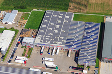 Aerial view of Industrial area Draisstraße Spedition Hartmann Logistics Center in Muggensturm in the state Baden-Wuerttemberg, Germany