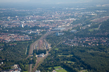 Aerial view of Track progress and building of the main station of the railway in Karlsruhe in the state Baden-Wurttemberg