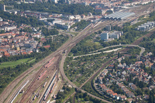 Aerial photograpy of Track progress and building of the main station of the railway in Karlsruhe in the state Baden-Wurttemberg