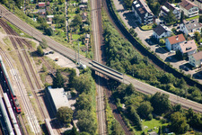 Aerial view of Routing the railway junction of rail and track systems Deutsche Bahn in Karlsruhe in the state Baden-Wurttemberg