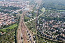 Oblique view of Track progress and building of the main station of the railway in Karlsruhe in the state Baden-Wurttemberg