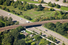 Aerial view of Routing the railway junction of rail and track systems Deutsche Bahn in Karlsruhe in the state Baden-Wurttemberg