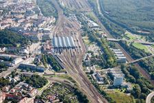 Track progress and building of the main station of the railway in Karlsruhe in the state Baden-Wurttemberg from above