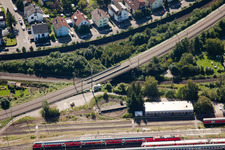 Aerial photograpy of Routing the railway junction of rail and track systems Deutsche Bahn in Karlsruhe in the state Baden-Wurttemberg