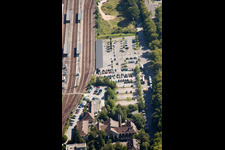 Track progress and building of the main station of the railway in Karlsruhe in the state Baden-Wurttemberg seen from above
