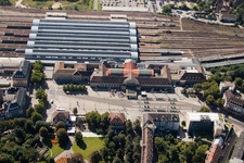 Bird's eye view of Track progress and building of the main station of the railway in Karlsruhe in the state Baden-Wurttemberg