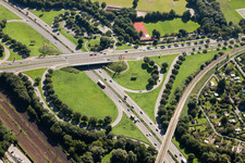 Aerial view of Traffic flow at the intersection- motorway Suedtangente to A5 Karlsruhe Ettlingen vor dem Edeltrudtunnel in Karlsruhe in the state Baden-Wurttemberg