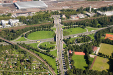 Aerial photograpy of Traffic flow at the intersection- motorway Suedtangente to A5 Karlsruhe Ettlingen vor dem Edeltrudtunnel in Karlsruhe in the state Baden-Wurttemberg