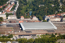 Track progress and building of the main station of the railway in Karlsruhe in the state Baden-Wurttemberg from a drone
