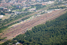 Aerial view of Railroad tracks above of theEdeltrud tunnel in the district Beiertheim - Bulach in Karlsruhe in the state Baden-Wurttemberg