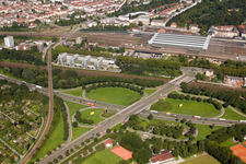 Oblique view of Traffic flow at the intersection- motorway Suedtangente to A5 Karlsruhe Ettlingen vor dem Edeltrudtunnel in Karlsruhe in the state Baden-Wurttemberg