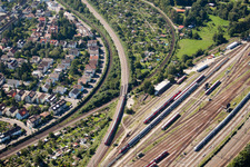 Routing the railway junction of rail and track systems Deutsche Bahn in Karlsruhe in the state Baden-Wurttemberg out of the air