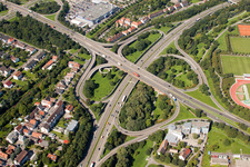 Traffic flow at the intersection- motorway Suedtangente to A5 Karlsruhe Ettlingen vor dem Edeltrudtunnel in Karlsruhe in the state Baden-Wurttemberg out of the air