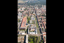 Aerial photograpy of Museum building ensemble ZKM | Zentrum fuer Kunst and Medien in the district Suedweststadt in Karlsruhe in the state Baden-Wurttemberg, Germany