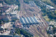 Track progress and building of the main station of the railway in Karlsruhe in the state Baden-Wurttemberg out of the air