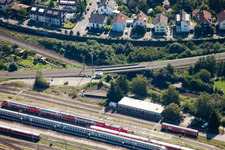 Trackage and rail routes on the roundhouse - locomotive hall of the railway operations work Dampflokfreunde Karlsruhe e.V. in the district Beiertheim - Bulach in Karlsruhe in the state Baden-Wurttemberg