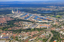 Karlsruhe Rhine ports from the east in the district Mühlburg in Karlsruhe in the state Baden-Wuerttemberg, Germany