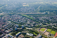 Town View of the streets and houses of the residential areas in the district Suedweststadt in Karlsruhe in the state Baden-Wurttemberg
