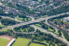 Bird's eye view of Traffic flow at the intersection- motorway Suedtangente to A5 Karlsruhe Ettlingen vor dem Edeltrudtunnel in Karlsruhe in the state Baden-Wurttemberg