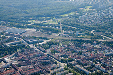 Bird's eye view of Track progress and building of the main station of the railway in Karlsruhe in the state Baden-Wurttemberg