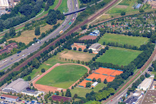 Sports fields of the Mühlburg Sports Club at Mühlburg train station in the district Südweststadt in Karlsruhe in the state Baden-Wuerttemberg, Germany
