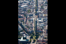 Aerial view of Kaiserstraße from the west in the district Innenstadt-West in Karlsruhe in the state Baden-Wuerttemberg, Germany