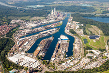 Port facilities on the shores of the harbor of Rheinhafen in Karlsruhe in the state Baden-Wurttemberg