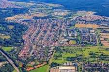 City view from the southwest in the district Neureut in Karlsruhe in the state Baden-Wuerttemberg, Germany