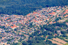 Aerial view of Railway line crosses the city in Jockgrim in the state Rhineland-Palatinate, Germany