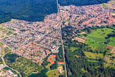 Aerial photograpy of Railway line crosses the city in Jockgrim in the state Rhineland-Palatinate, Germany