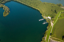 Aerial photograpy of Pleasure boat marina with docks and moorings on the shore area of Segelclub RKC Woerth e.V. in Woerth am Rhein in the state Rhineland-Palatinate, Germany