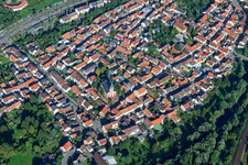 Aerial view of Old town, Protestant church in the district Knielingen in Karlsruhe in the state Baden-Wuerttemberg, Germany
