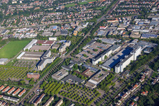 Aerial view of Siemens AG in the district Knielingen in Karlsruhe in the state Baden-Wuerttemberg, Germany