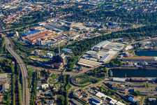 Industrial area at the Rhine harbor south of Uferstraße, Rheinhafenstr in the district Grünwinkel in Karlsruhe in the state Baden-Wuerttemberg, Germany