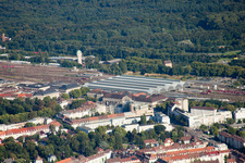 Drone recording of Track progress and building of the main station of the railway in Karlsruhe in the state Baden-Wurttemberg