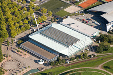 Aerial view of Ensemble of sports grounds on Europabad and on Europahalle Karlsruhe in the district Suedweststadt in Karlsruhe in the state Baden-Wurttemberg, Germany