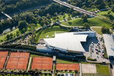 Aerial photograpy of Europahalle Europabad in the district Südweststadt in Karlsruhe in the state Baden-Wuerttemberg, Germany