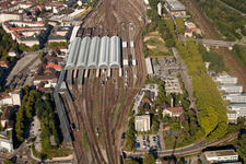 Track progress and building of the main station of the railway in Karlsruhe in the state Baden-Wurttemberg from the drone perspective